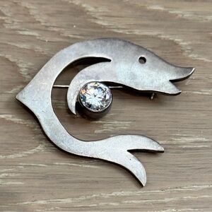 Taxco Silver Dolphin Brooch with Crystal Detail